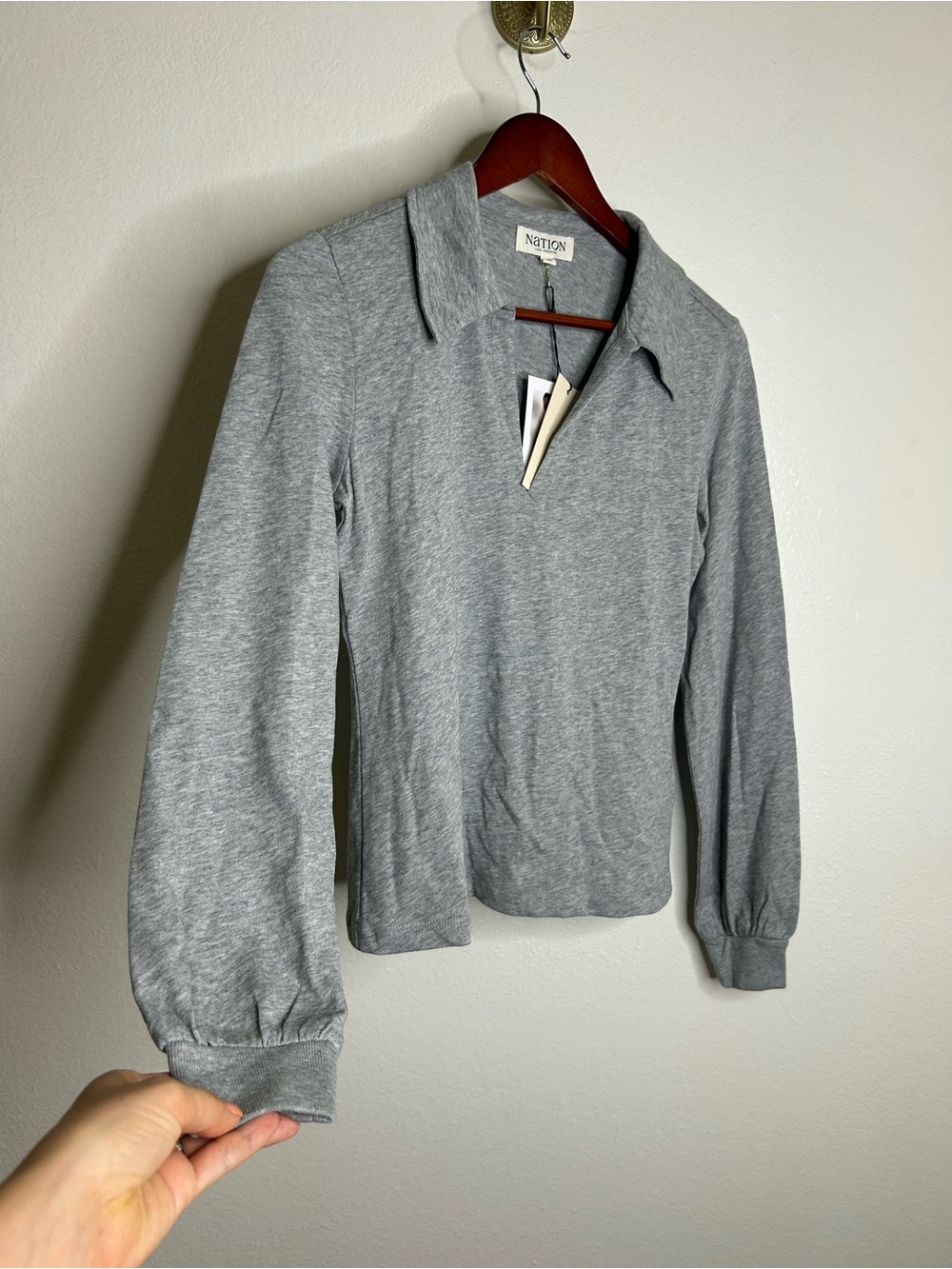 NWT Nation LA 100% Cotton Kimberly Polo Long Sleeve Tee in Gray